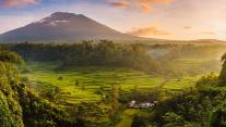 以阿贡火山为背景Sidemen山谷中的稻田,印度尼西亚巴厘岛