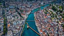 Aerial view of Chapel Bridge over the river Reuss in Lucerne, Switzerland 