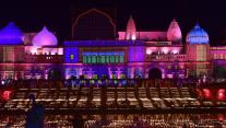 Lamps on the banks of the Sarayu River on Diwali, Ayodhya, India 