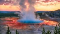 Grand Prismatic Spring at sunrise, Yellowstone National Park, Wyoming 