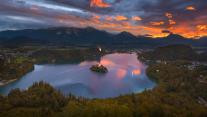 Lake Bled from Osojnica viewpoint at sunrise, Slovenia 