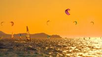 Kitesurfers and windsurfers near the Pelješac Peninsula, Croatia 