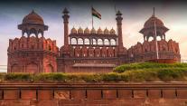 Red Fort Delhi front view with Indian National Flag 