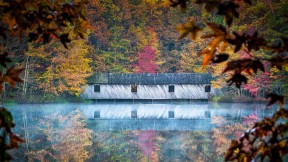 【2020-10-27】 亨茨维尔附近绿色山公园中的Cambron Covered Bridge，阿拉巴马州  (© Jens Lambert/Shutterstock)