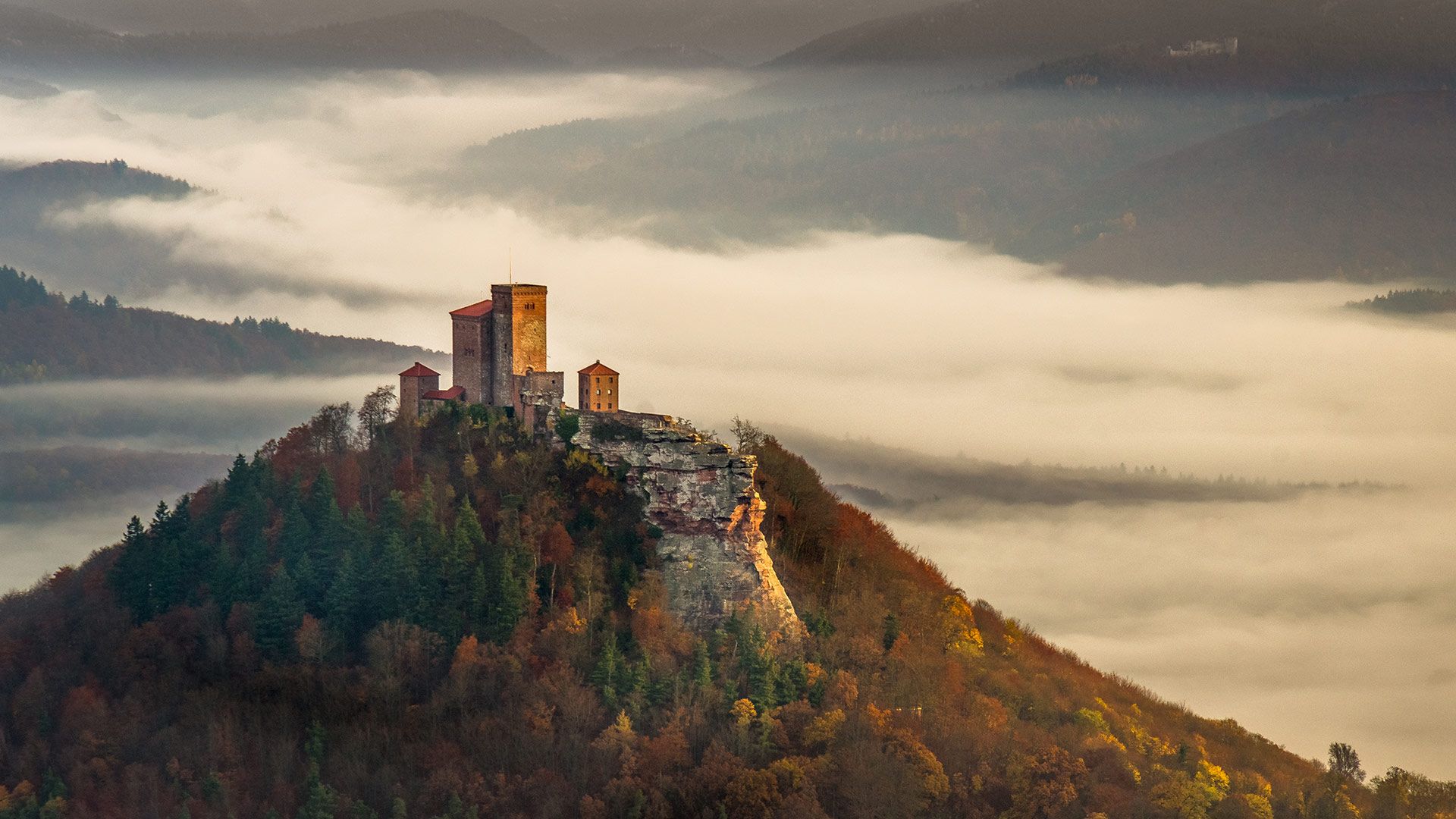 秋日雾中清晨里的特里斐斯城堡，德国莱茵兰普法尔茨森林 