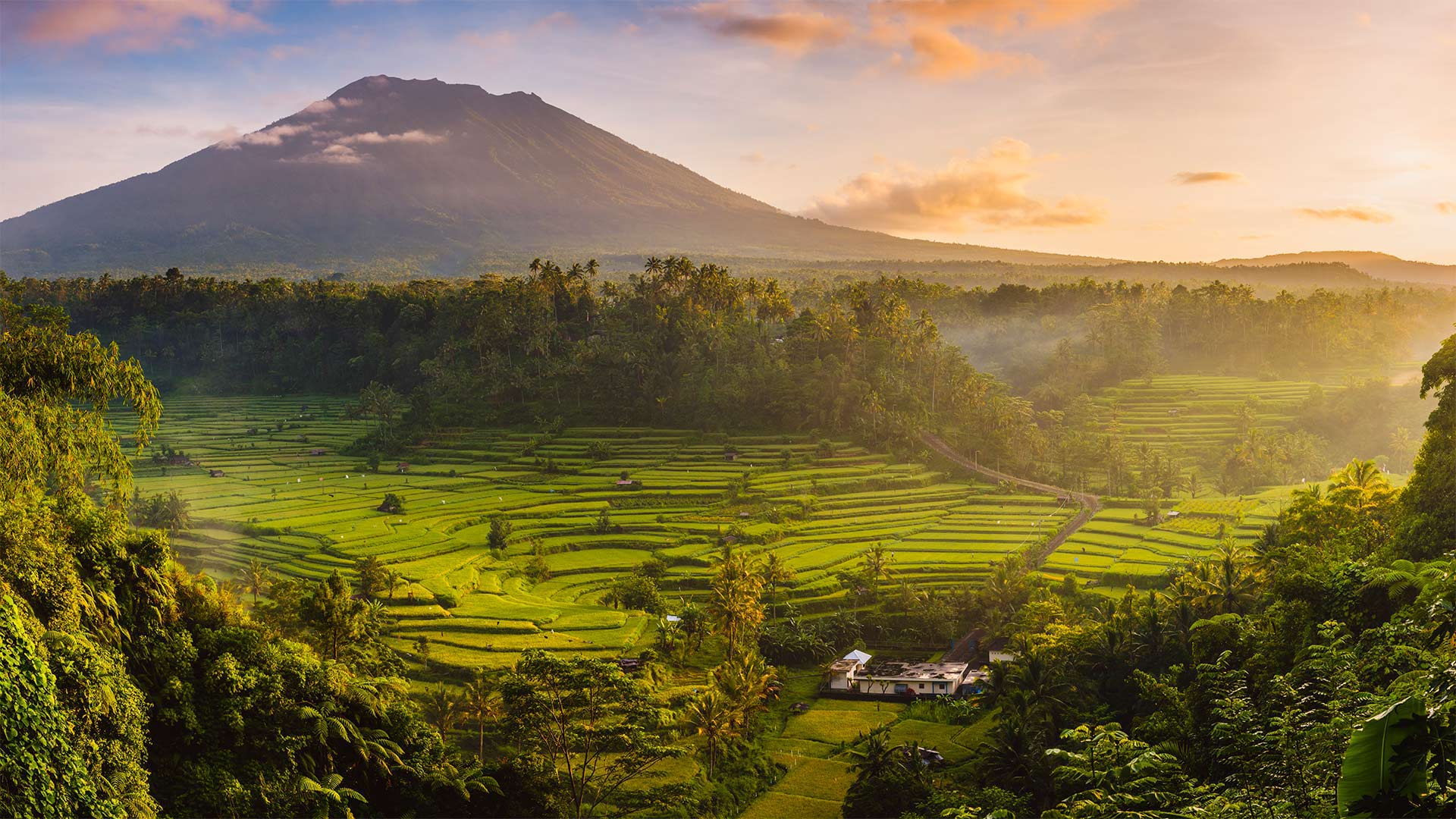 以阿贡火山为背景Sidemen山谷中的稻田，印度尼西亚巴厘岛 