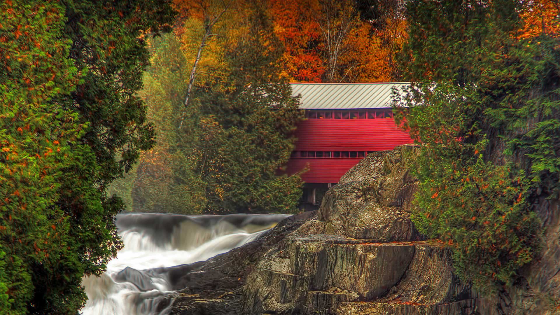 Pont Rouge Red Bridge over the Palmer River in Sainte-Agathe-de-Lotbinière, Quebec, Canada 